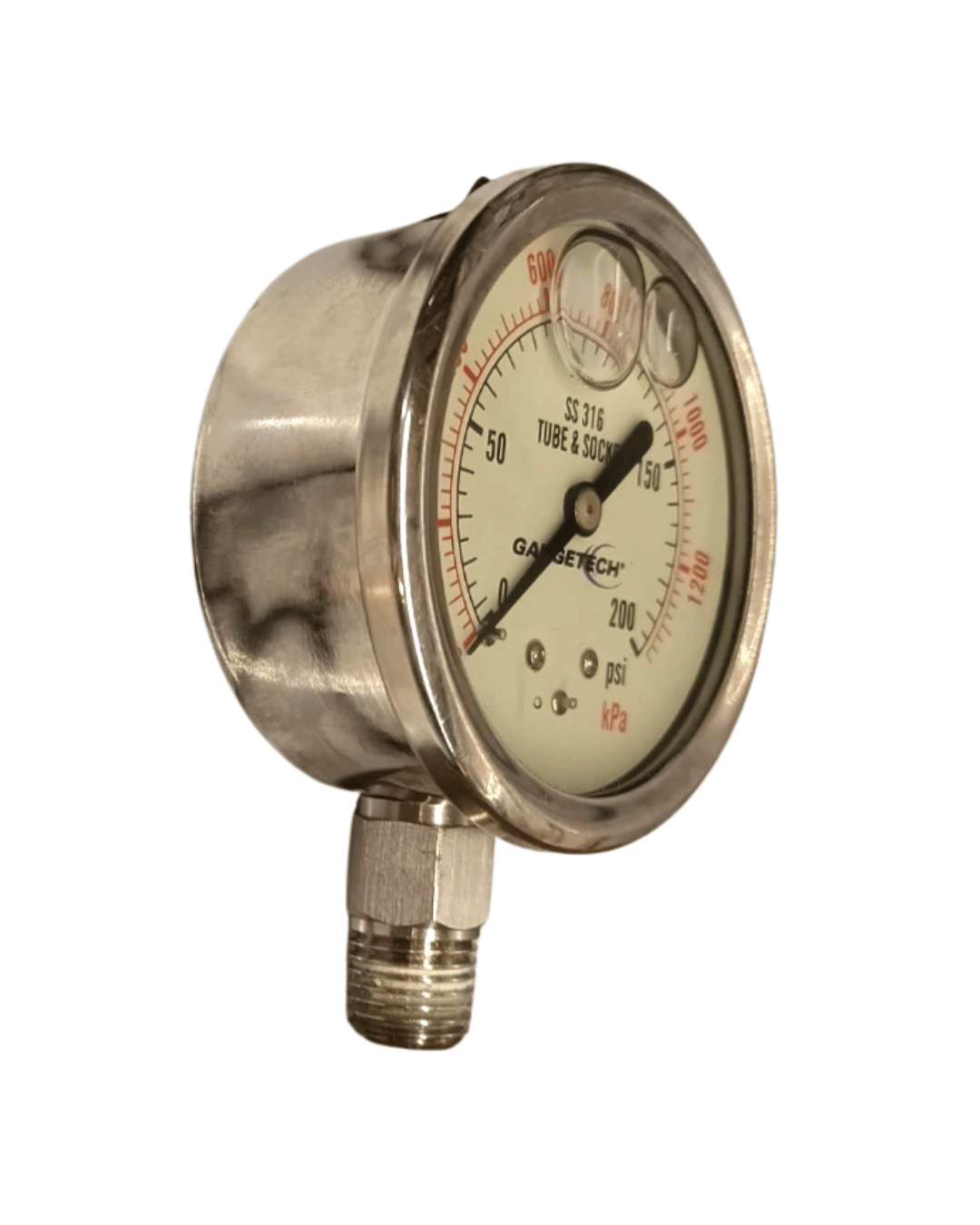 Gaugetech GTG2518A-15 0–300 PSI analog pressure gauge angled side view