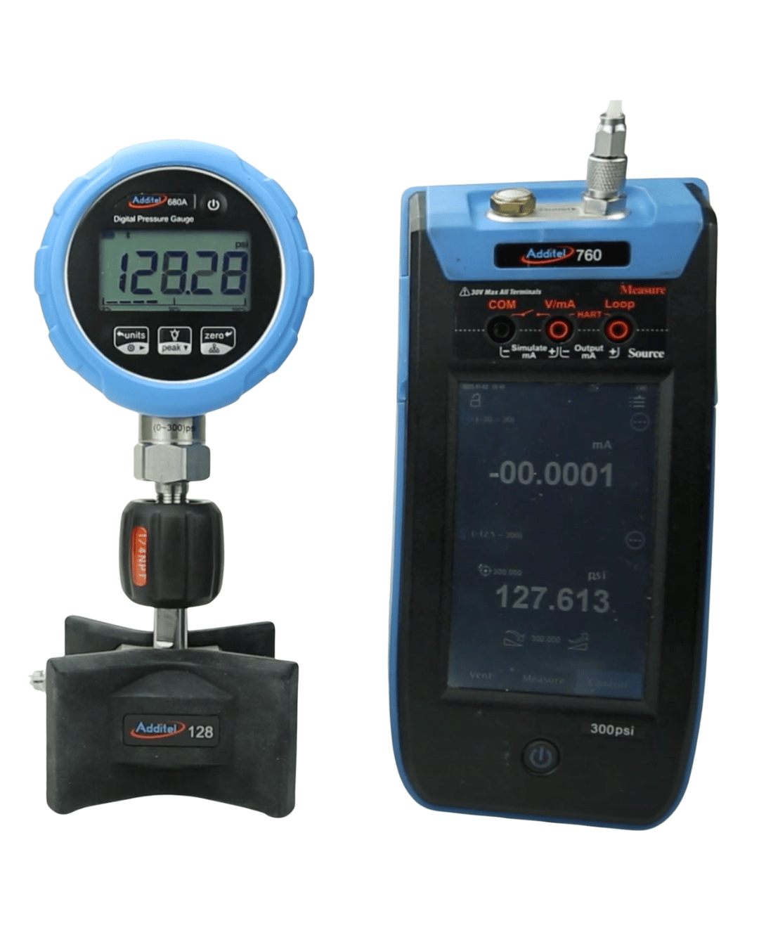 dditel ADT680A 3KPSI digital pressure gauge and additel calibrator side by side