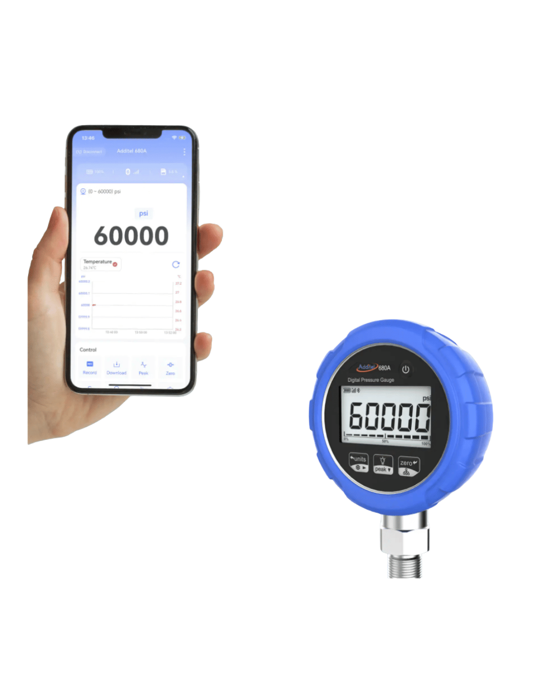 Mobile app displaying dditel ADT680A 3KPSI digital pressure gauge