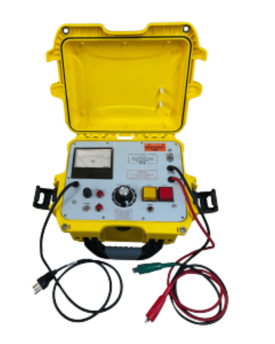 Open yellow case with  dielectric strength testerand attached cables ready for field use