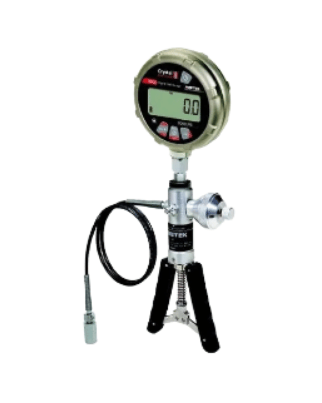 Crystal XP2i digital pressure gauge mounted on calibration pump with connected hose