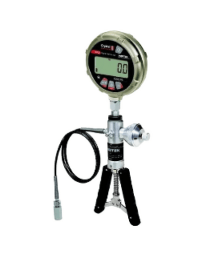 Crystal XP2i digital pressure gauge mounted on calibration pump with connected hose