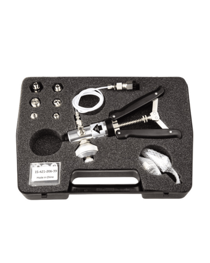 Kit contents in foam insert for Druck PV211-14 pneumatic hand including accessories and pump