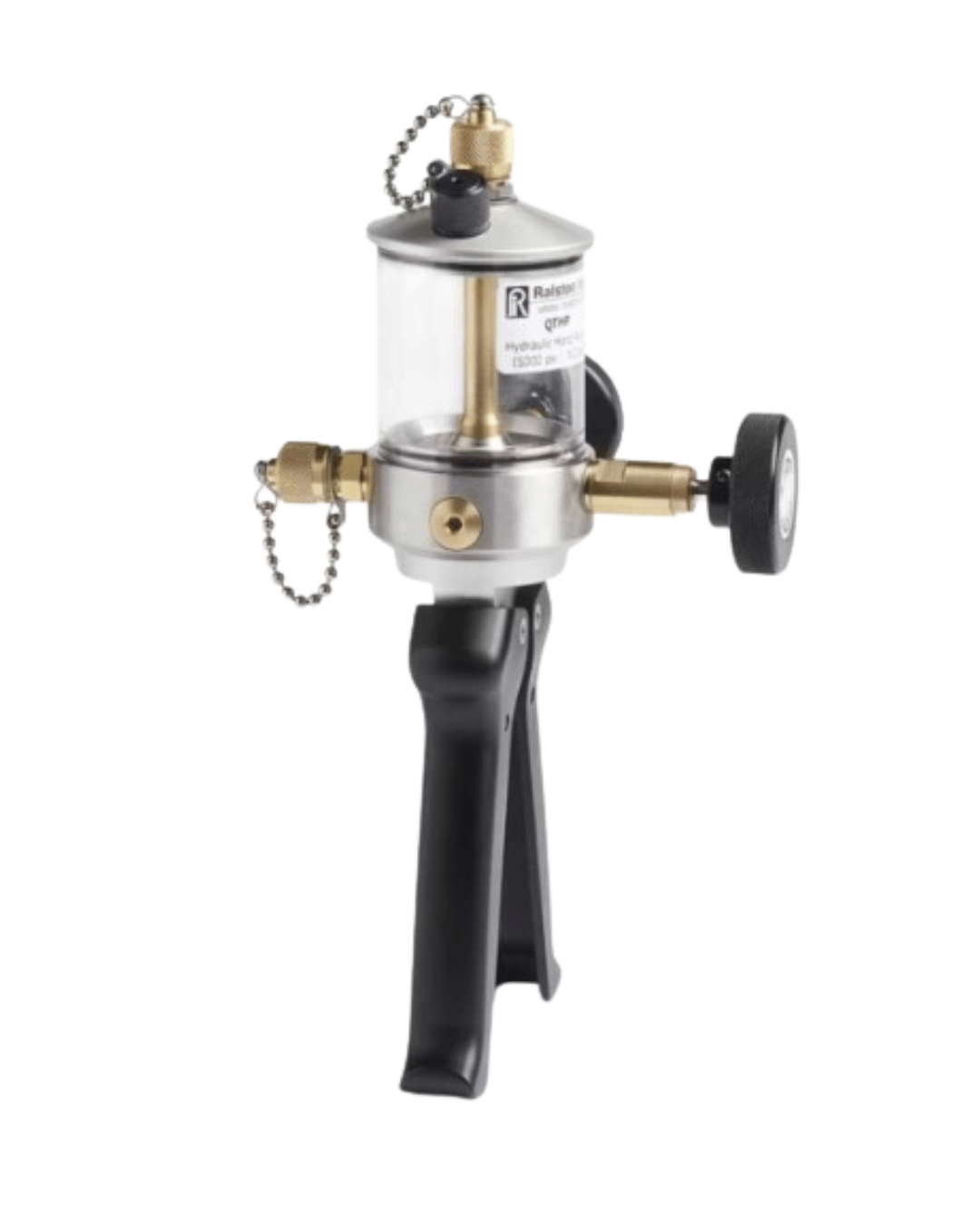 Side view of hydraulic hand pump showing metal body and pressure adjustment knob