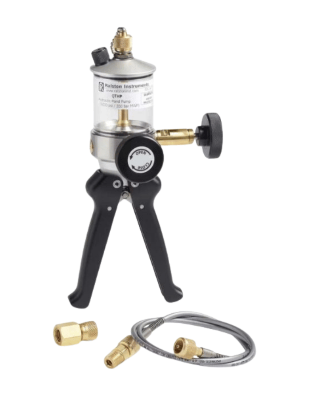 Hydraulic hand pump with attached hose and fittings 