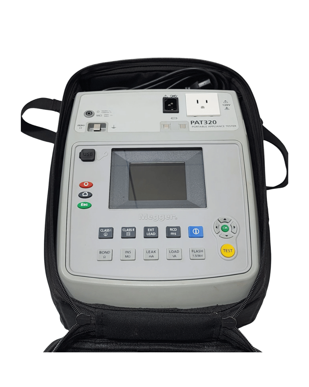 Megger PAT320-US portable appliance tester in carrying bag