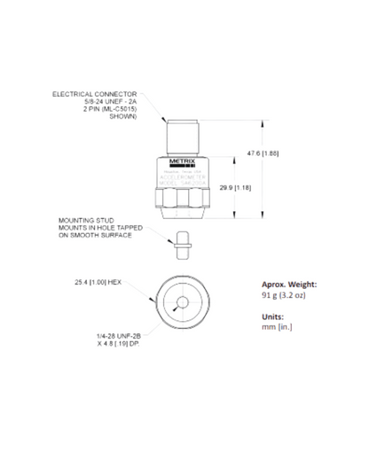 Technical drawing with dimensions of Metrix sensor for installation reference