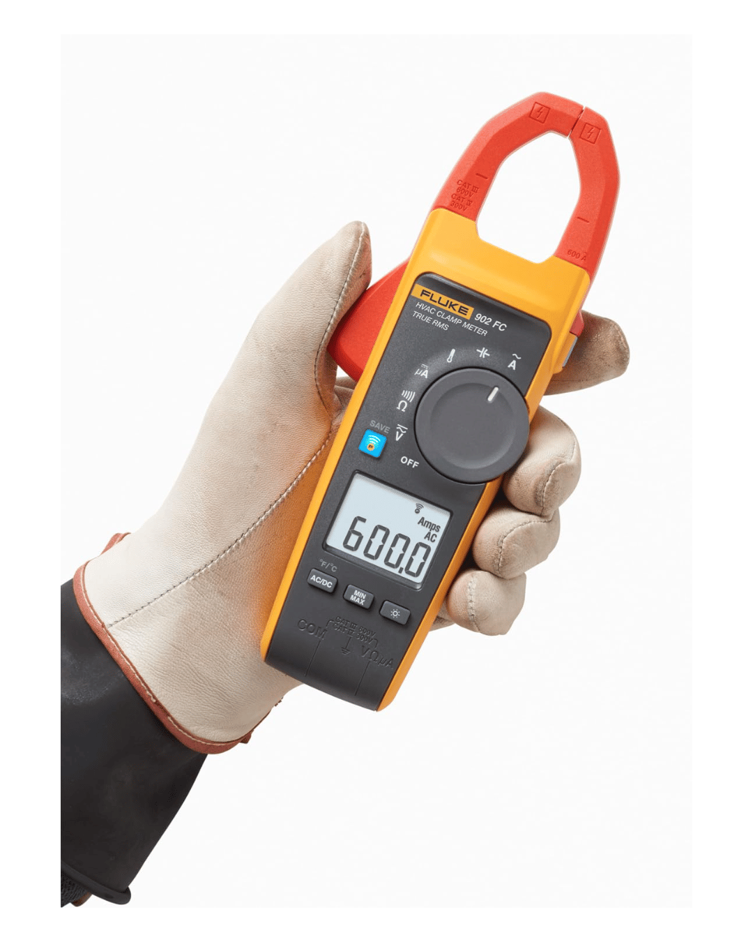 Fluke 902FC wireless True-RMS HVAC clamp meter in hand