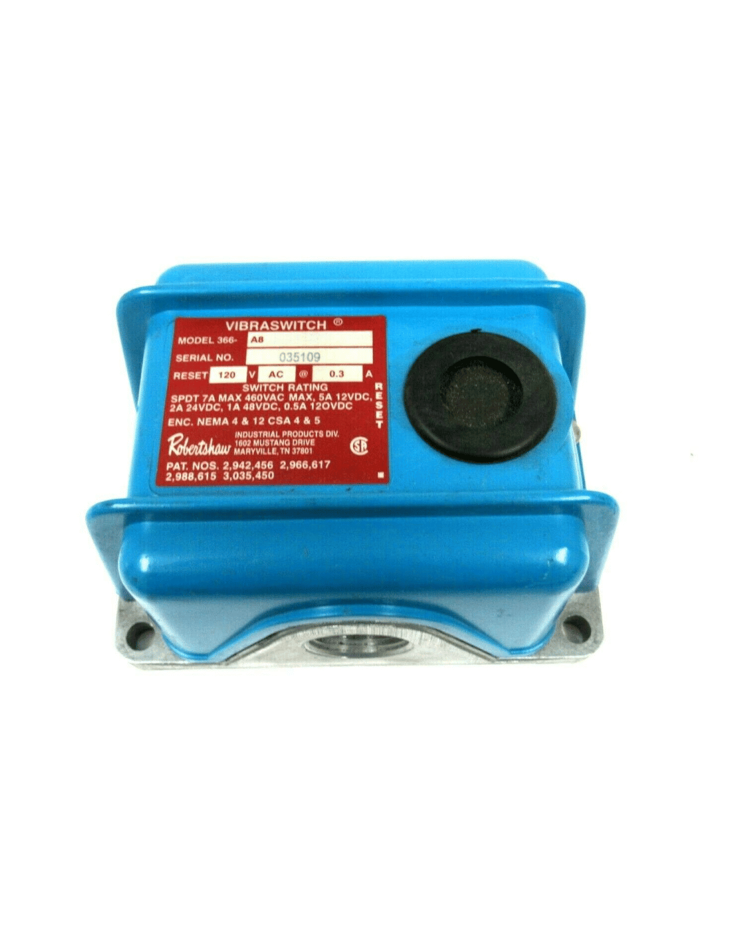 Front view f Robertshaw 366-A8 detector with red label